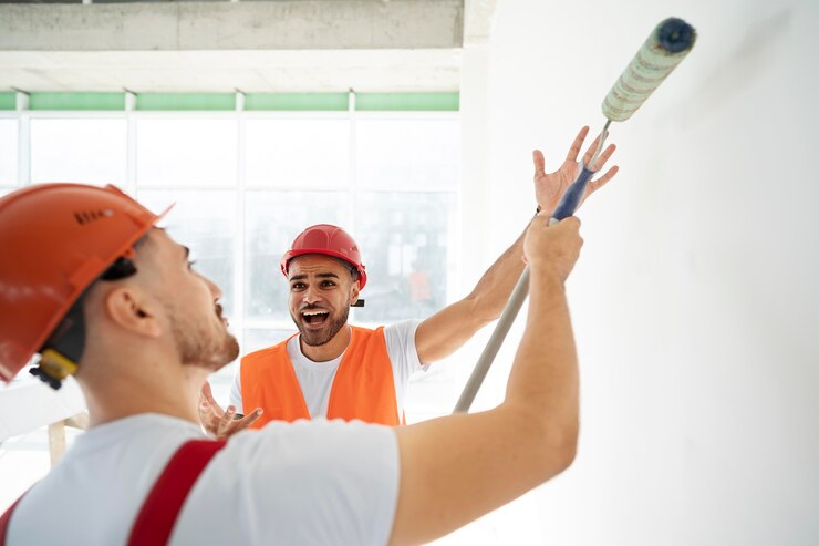 Stucco painting & repair - Building and construction workers on site.