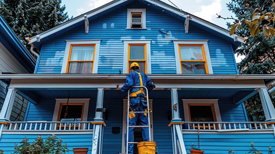 Siding Painting by Fixaxion Painting Painter applying fresh blue paint